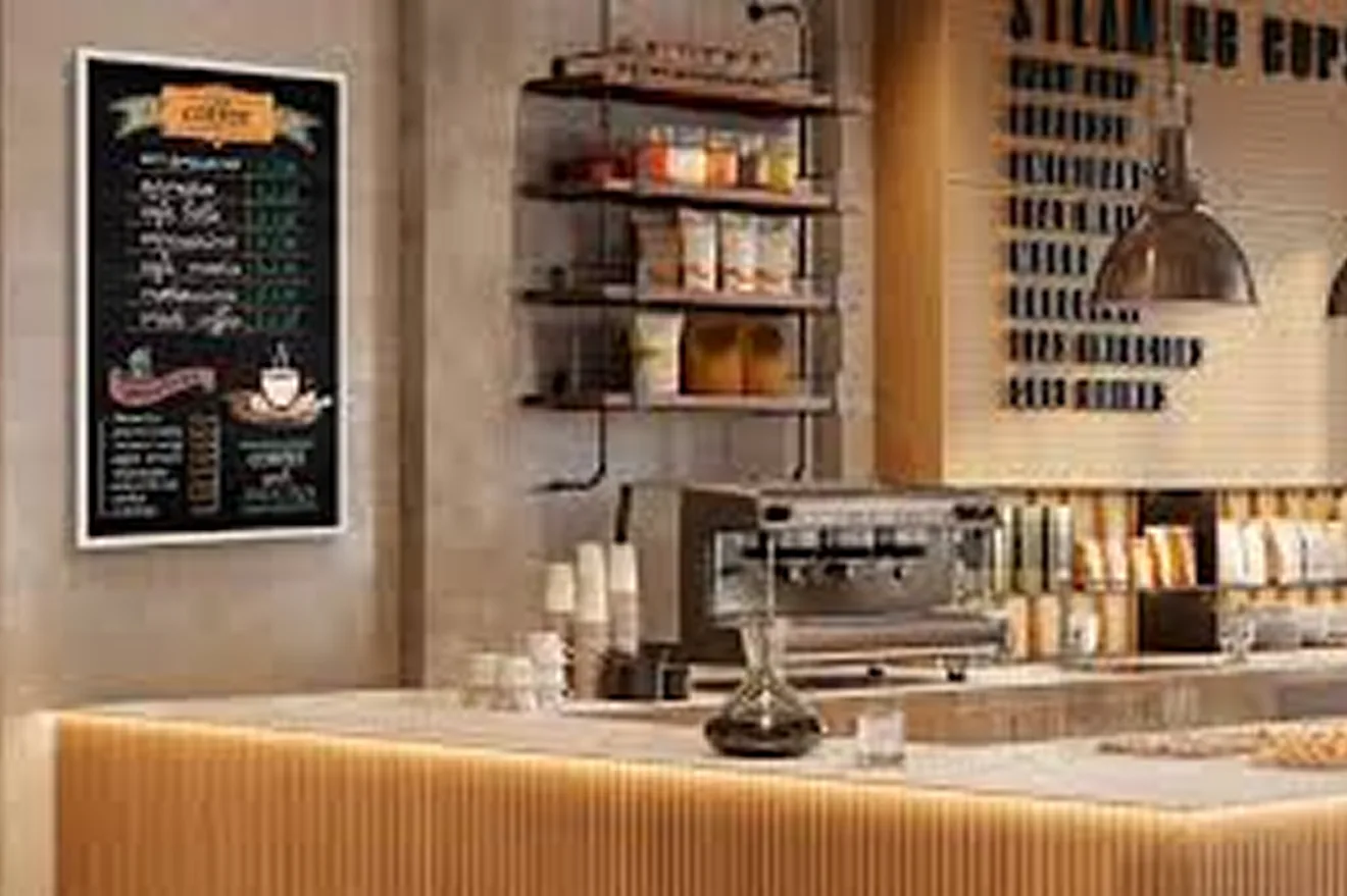 Café avec un écran style papier sur le mur